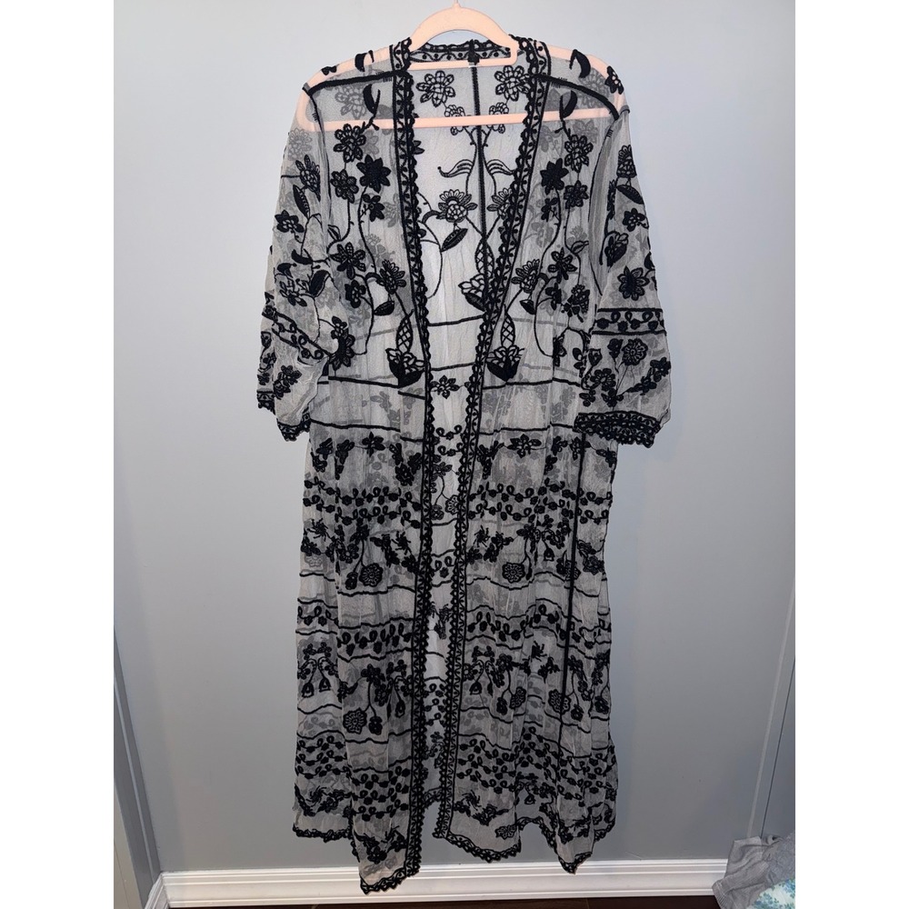 Embroidered Mesh Kimono Duster Black Floral Plus Festival Fairy Whimsigoth  PLUS